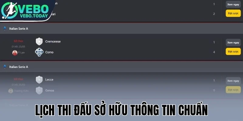 Lịch thi đấu sở hữu thông tin chuẩn